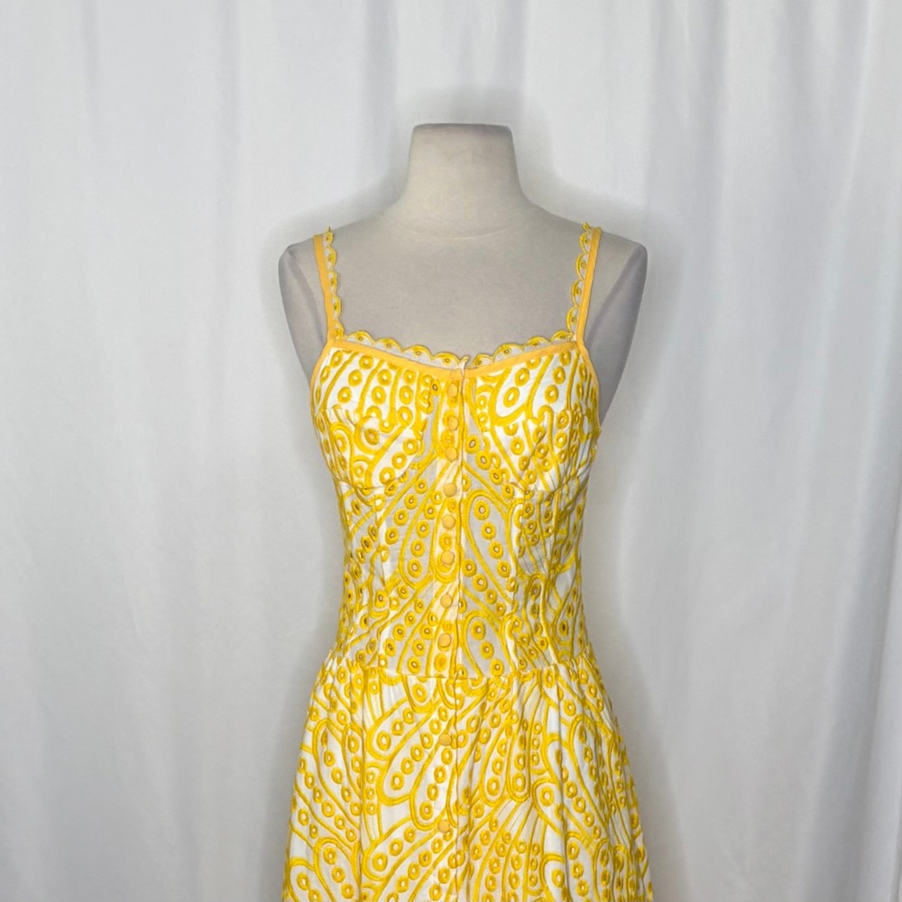 JARDINVUE Lace Buttoned Ruffle Hem Cami Midi Dress Yellow Embroidered X-Small - Picture 4 of 15
